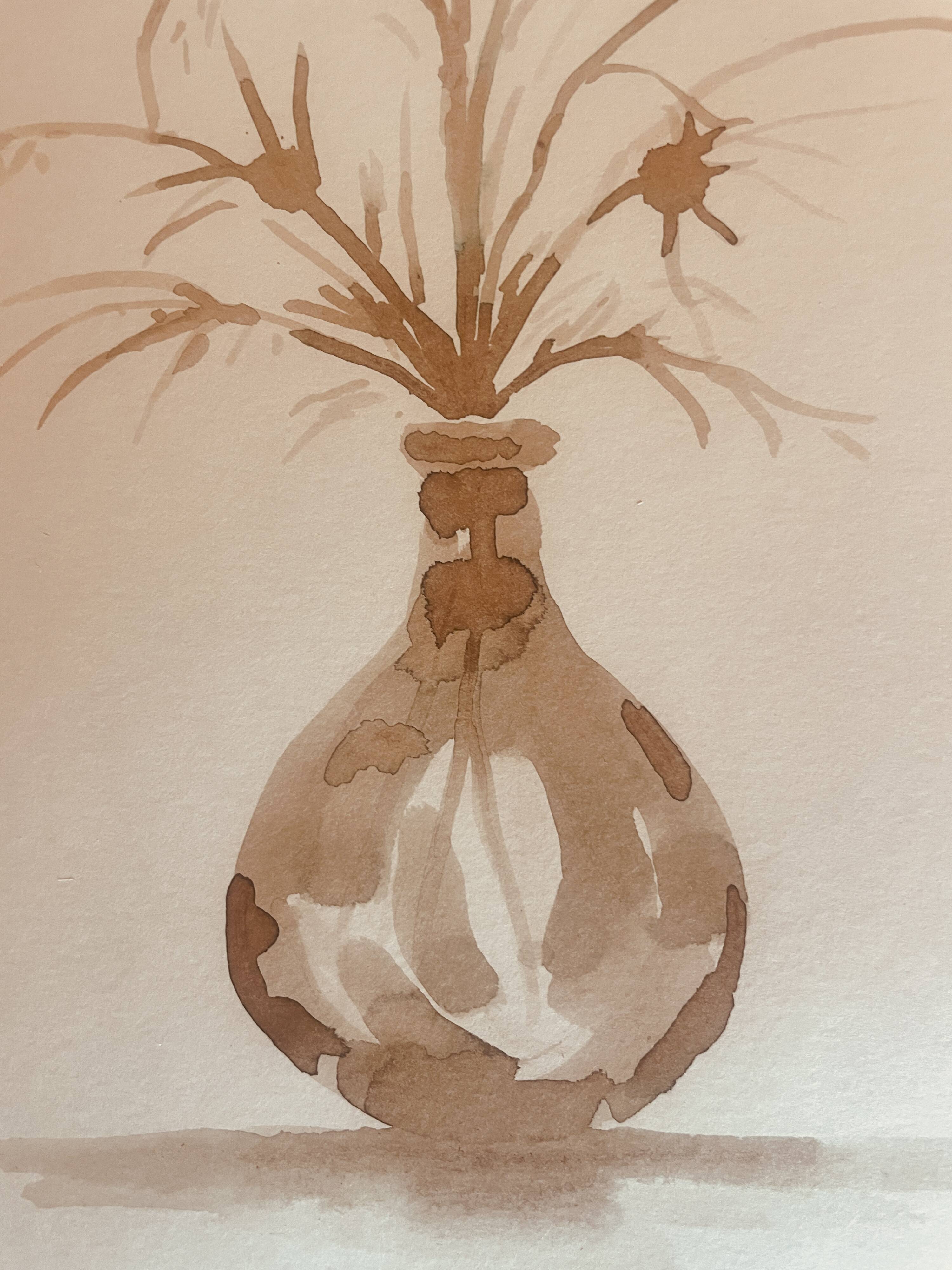 Signed still life monochrome sepia painting "dried flowers"