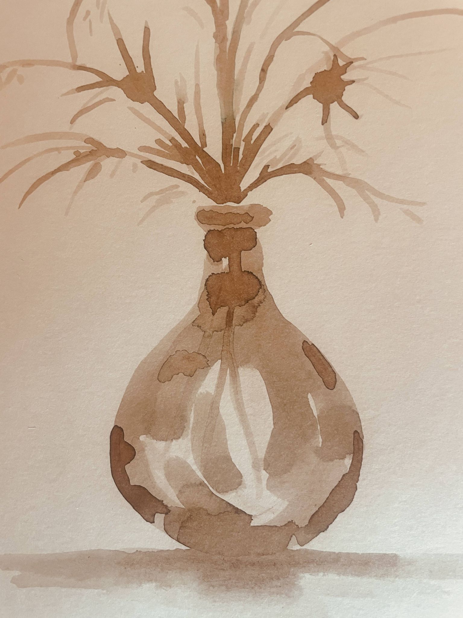Tableau, nature morte monochrome sépia « fleurs séchées », signé