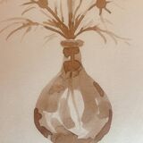 Signed still life monochrome sepia painting "dried flowers"