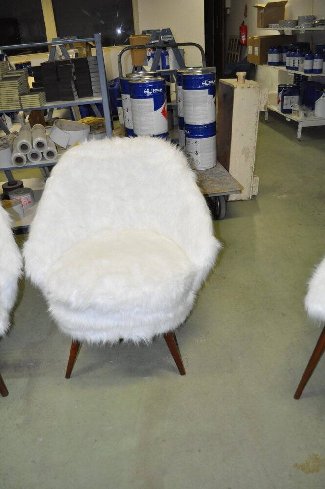Pair of Mid-Century armchairs in white faux fur with beech legs.