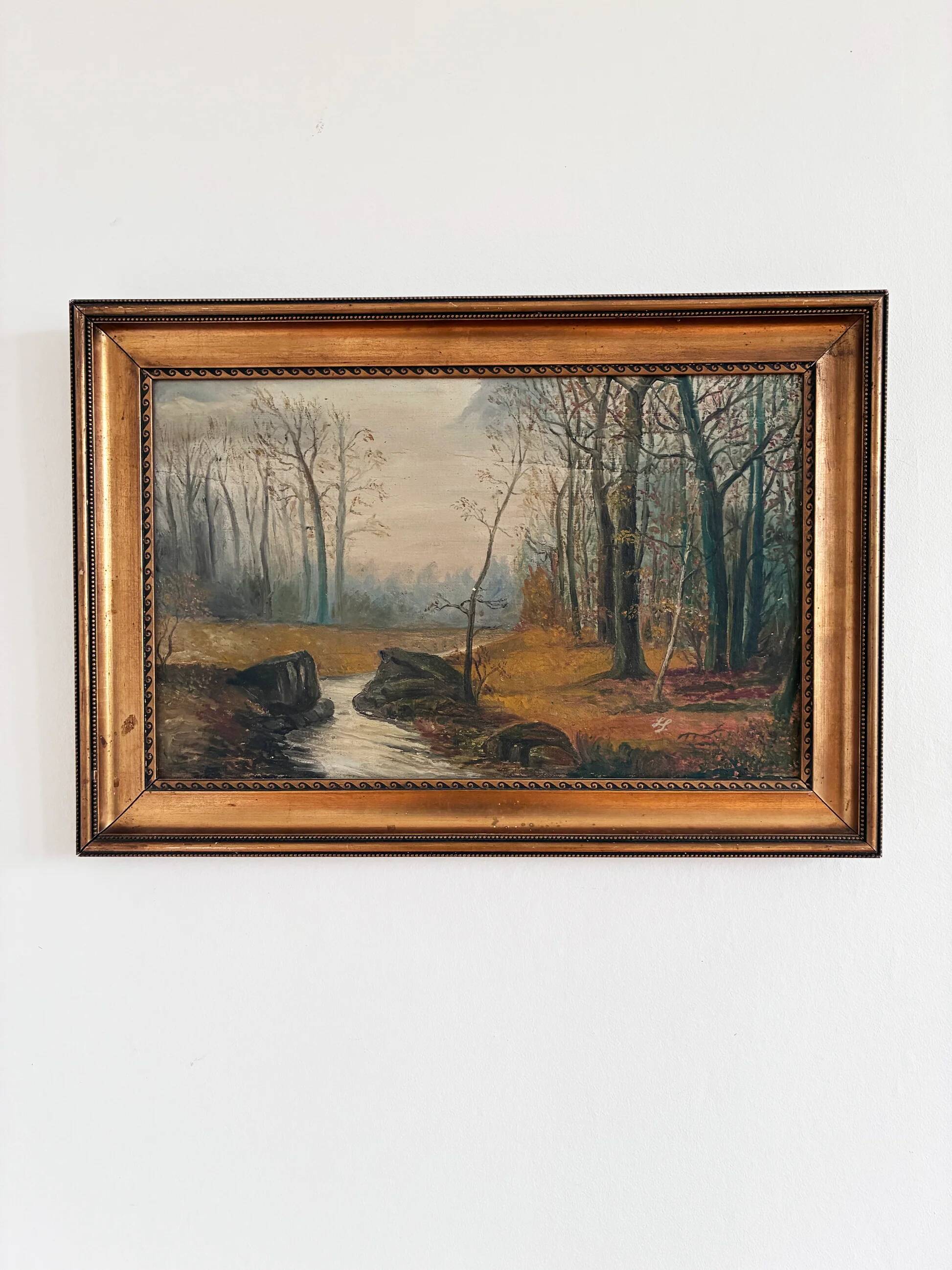 Antique original forest landscape oil painting c. 1910