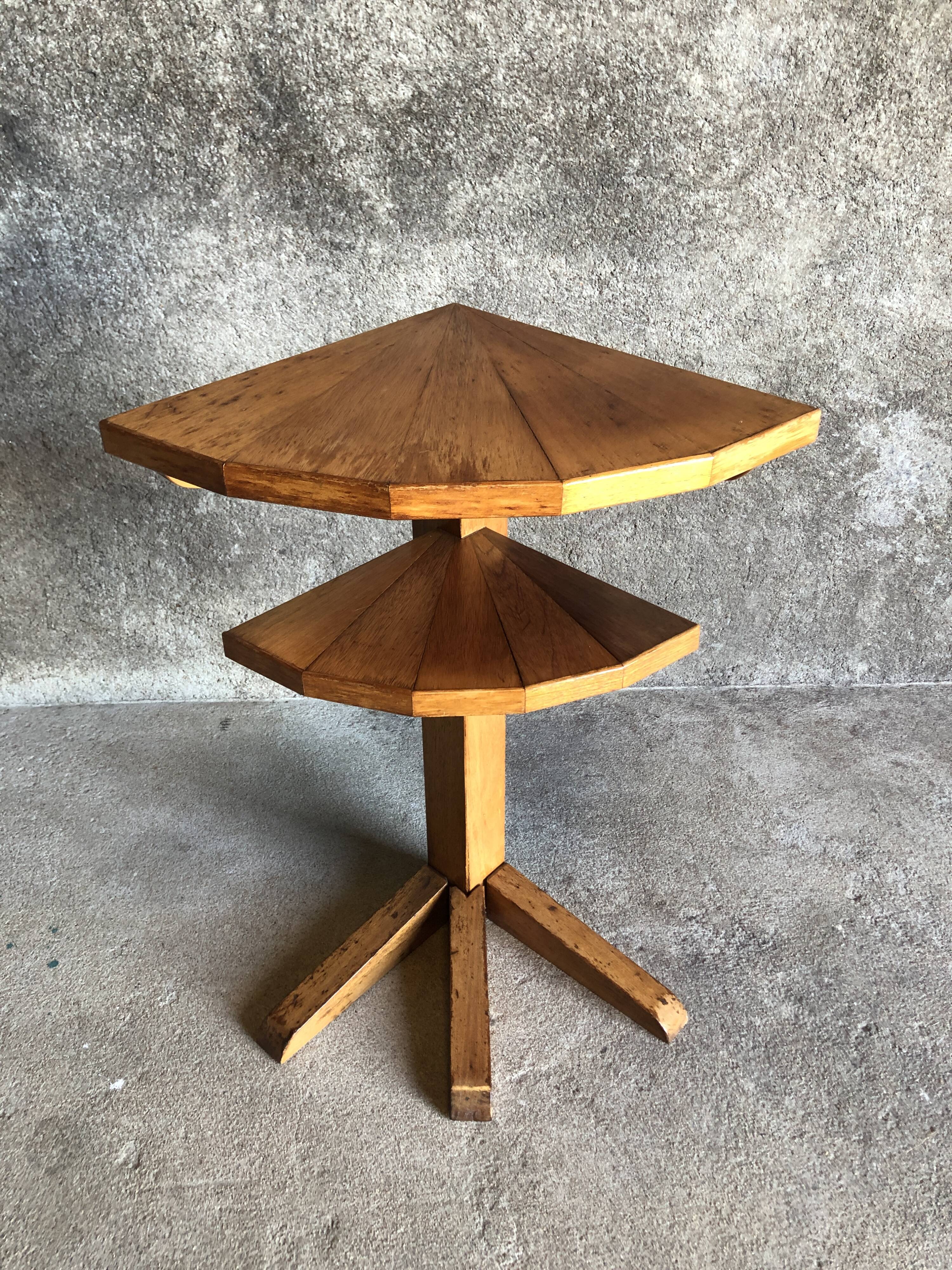 Vintage light wood corner pedestal table