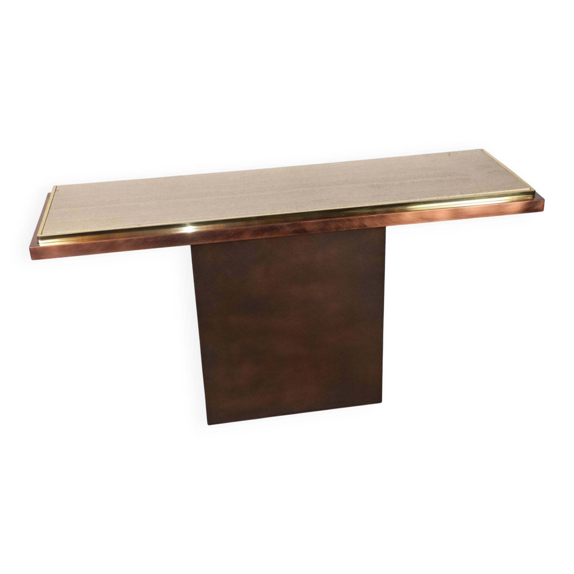 Minimalist console in travertine and patinated metal — 1970s