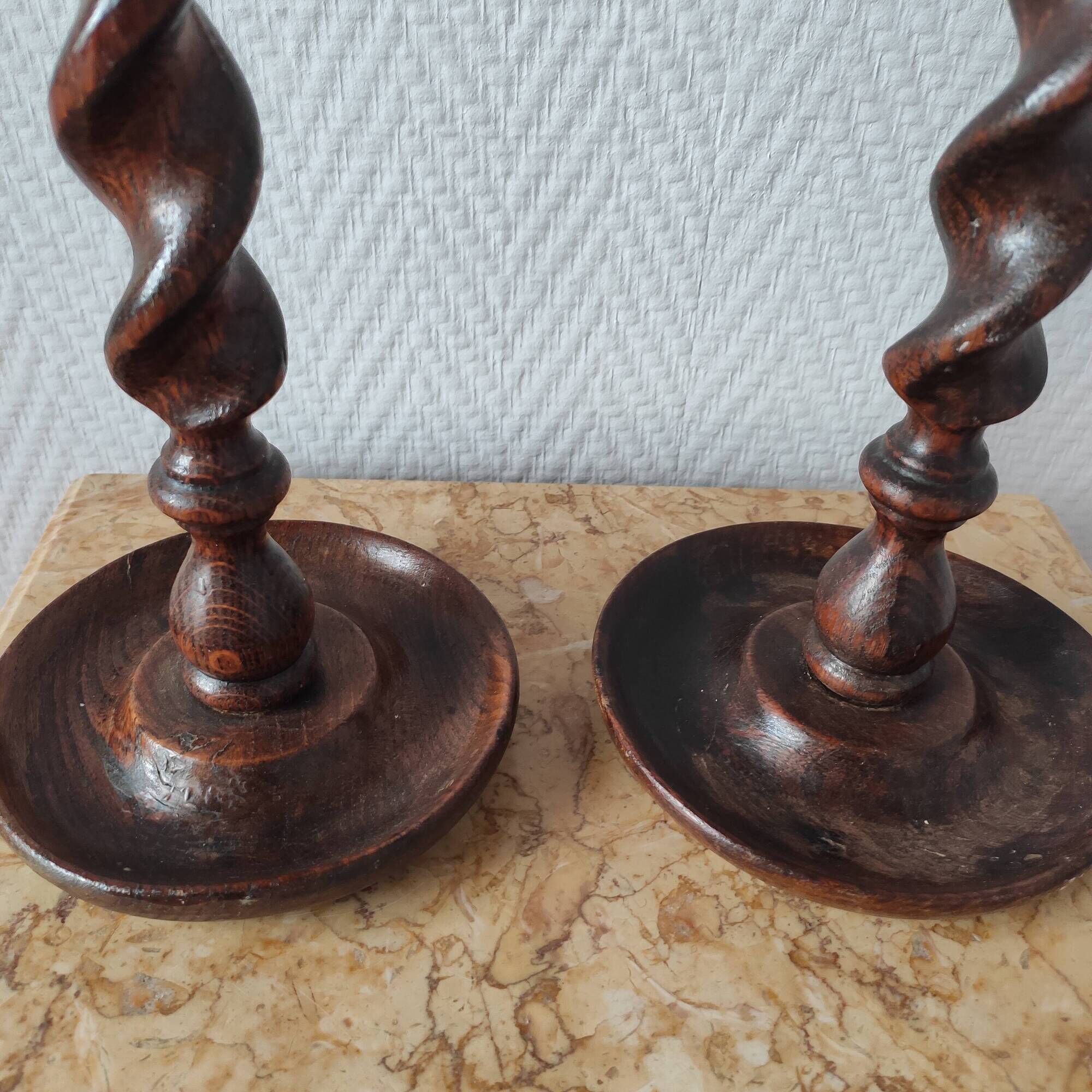 Pair of antique English turned wood candlesticks