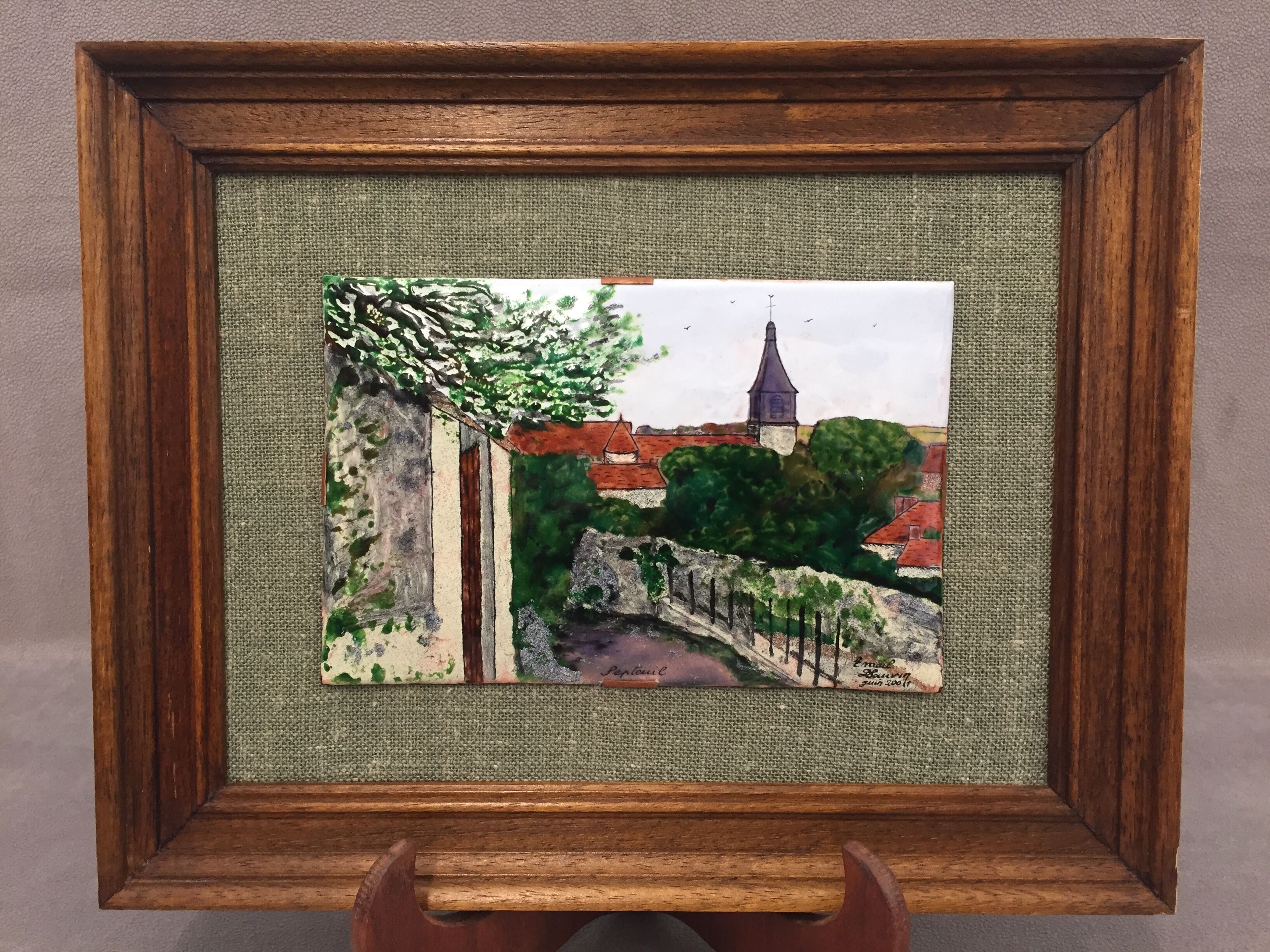 Painting frame enamelled painting signed on copper plate city of septeuil 78