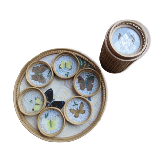 Plateau and 13 vintage butterfly and rattan coasters to be diverted into decorative elements