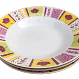 3 deep plates White porcelain Multicolored frieze tulip decor