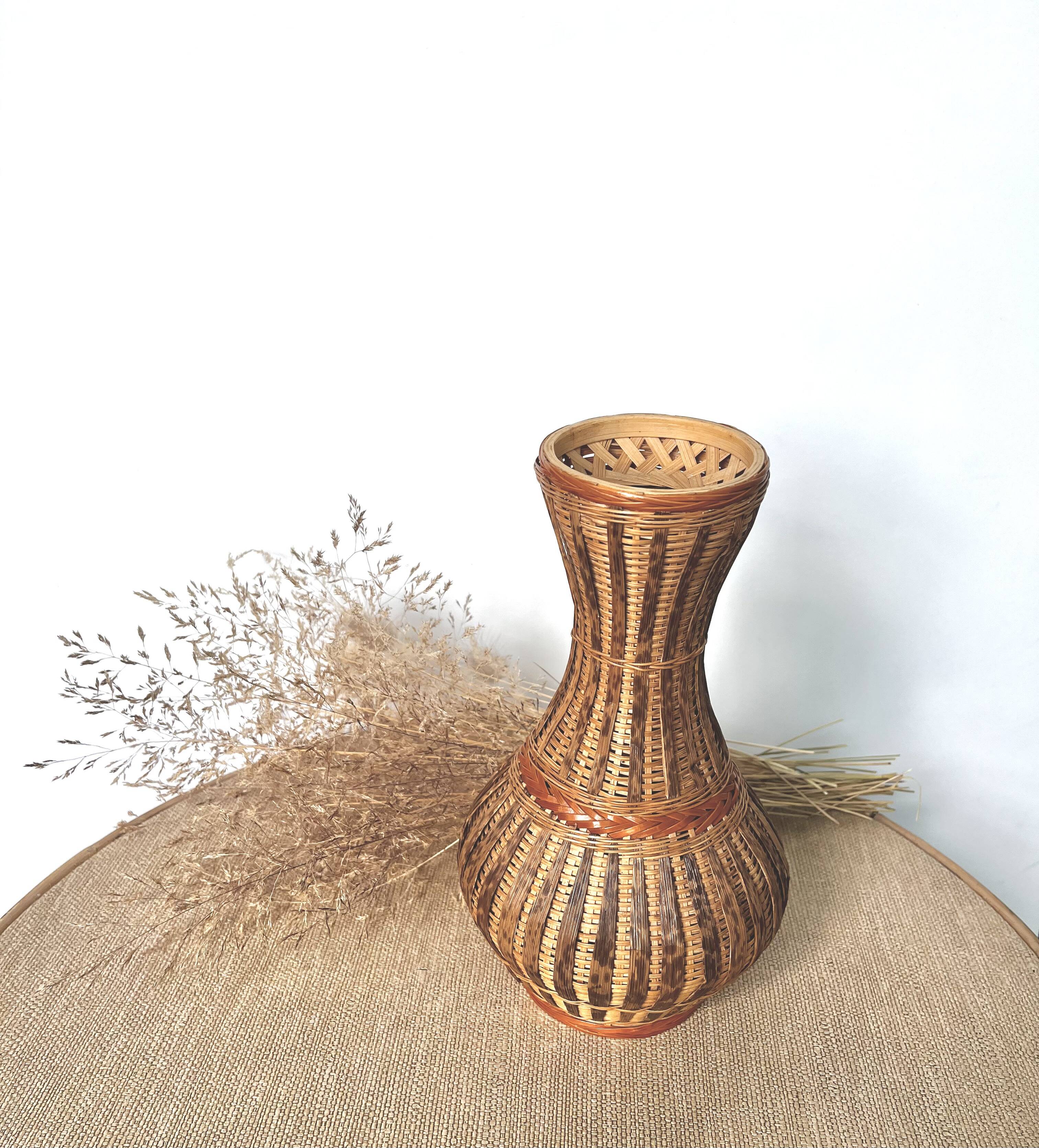 Wicker and woven bamboo vase