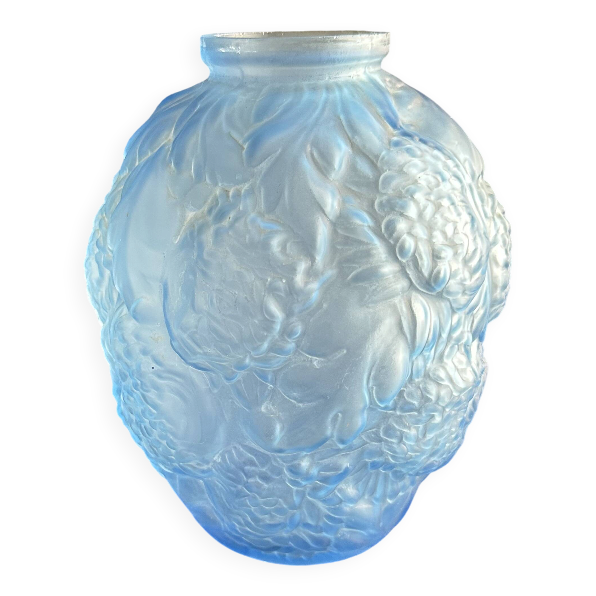 Large Art Deco round vase in frosted blue glass - 1930
