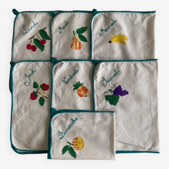 Set of 7 70's tea towels - hand-embroidered & braided weekly - cotton - 50x38 cm