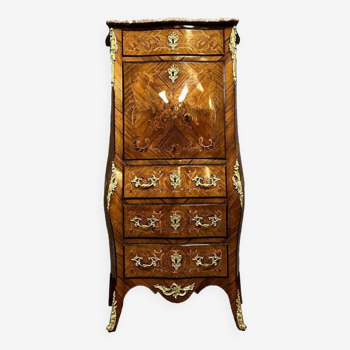 Louis XV Style curved secretary desk in precious wood marquetry varnished with a stamp