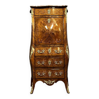 Louis XV Style curved secretary desk in precious wood marquetry varnished with a stamp