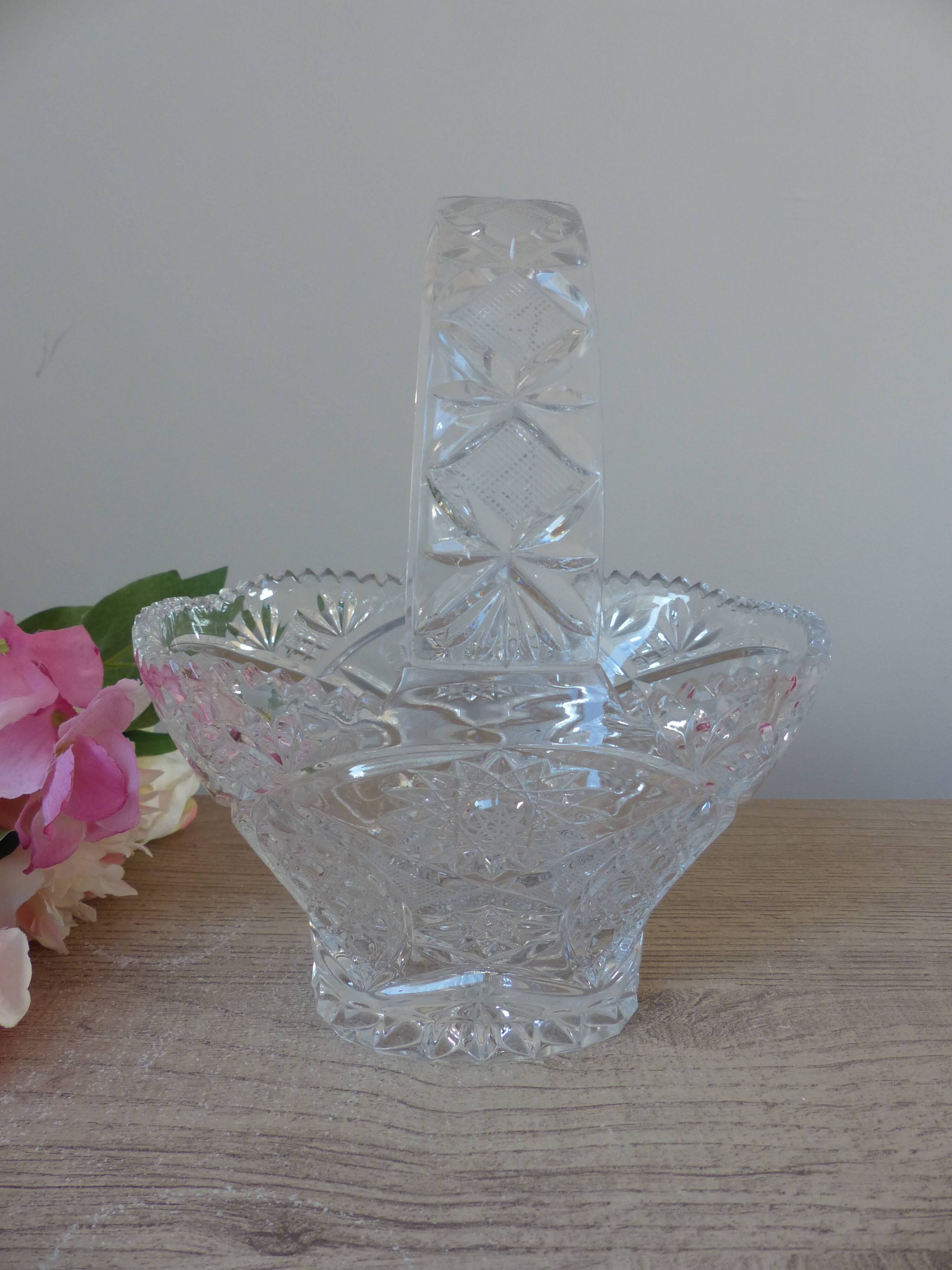 Vintage 1970s crystal basket – oval bowl with handle