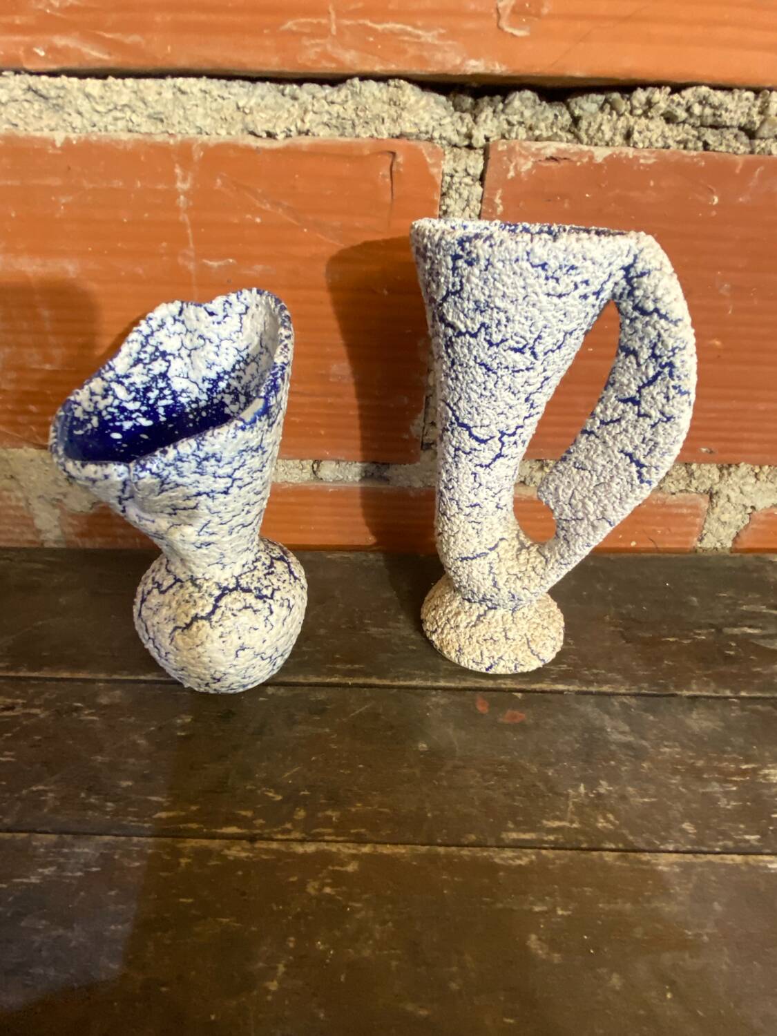 Pair of Snowstone Vases Ceramic White Blue France Vintage #D55