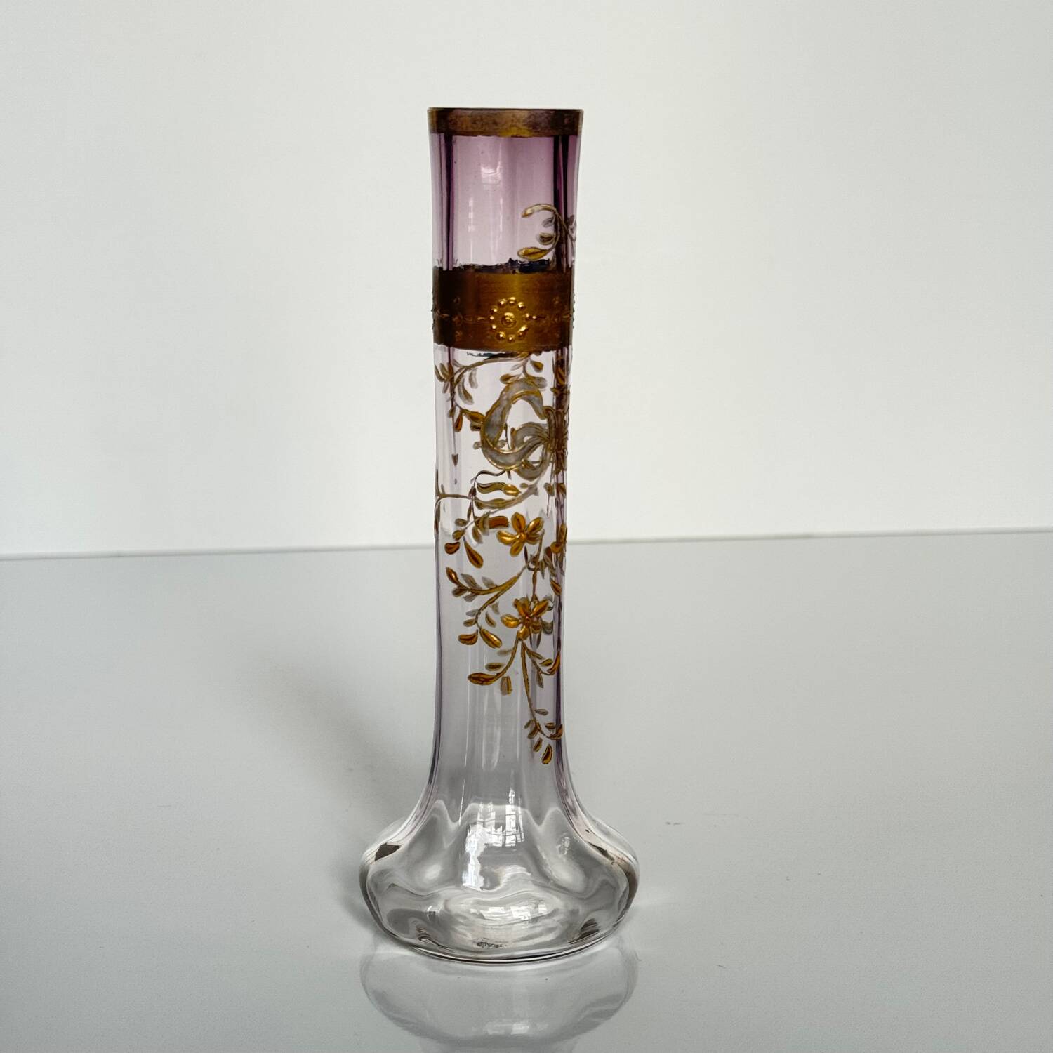 Antique purple tinted glass vase | ribbon/bow and flowers