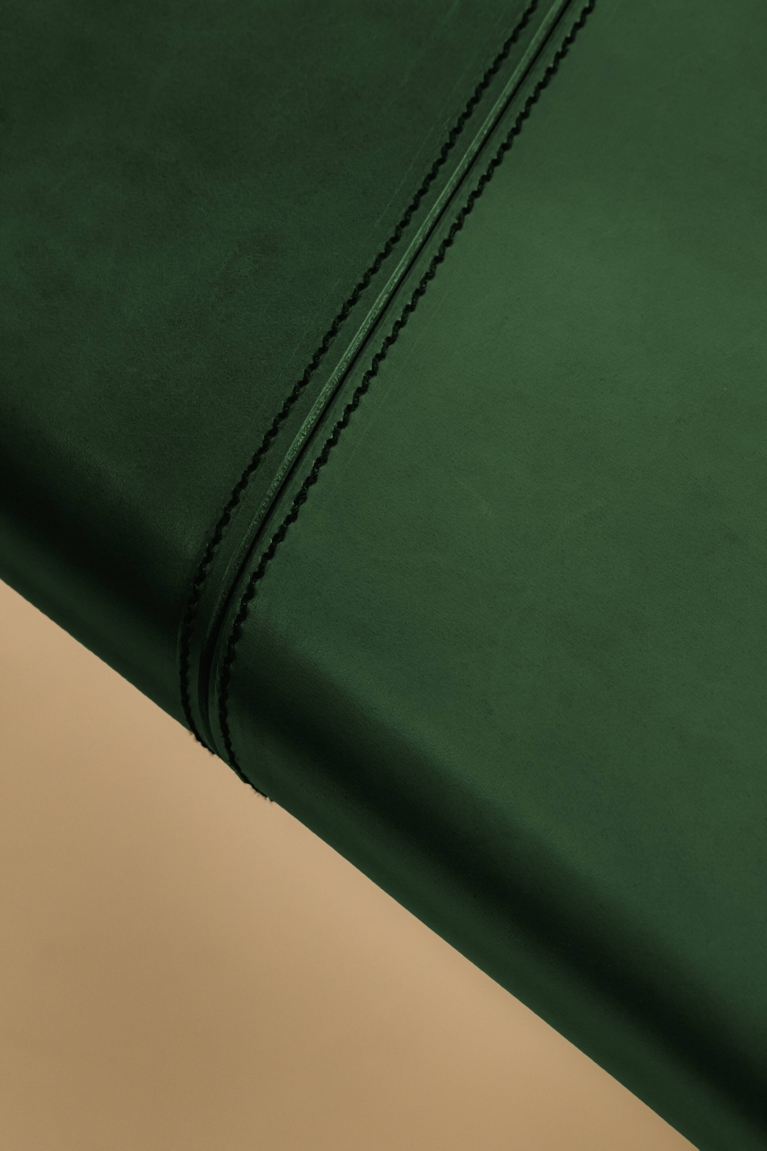 Maërl bench, sepia model, ebonized chestnut and green leather