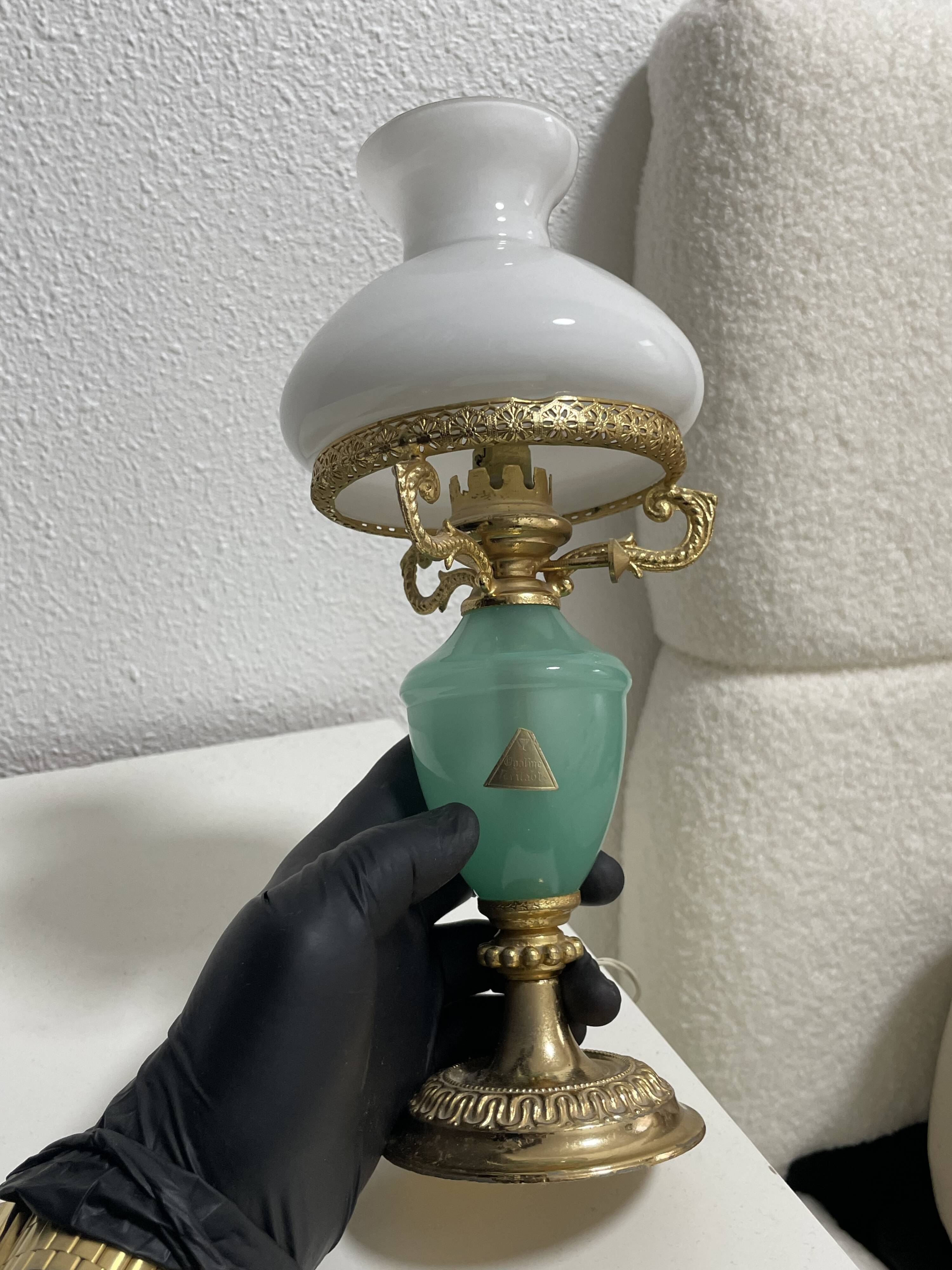 vintage turquoise opaline table lamp electrified brass adorned