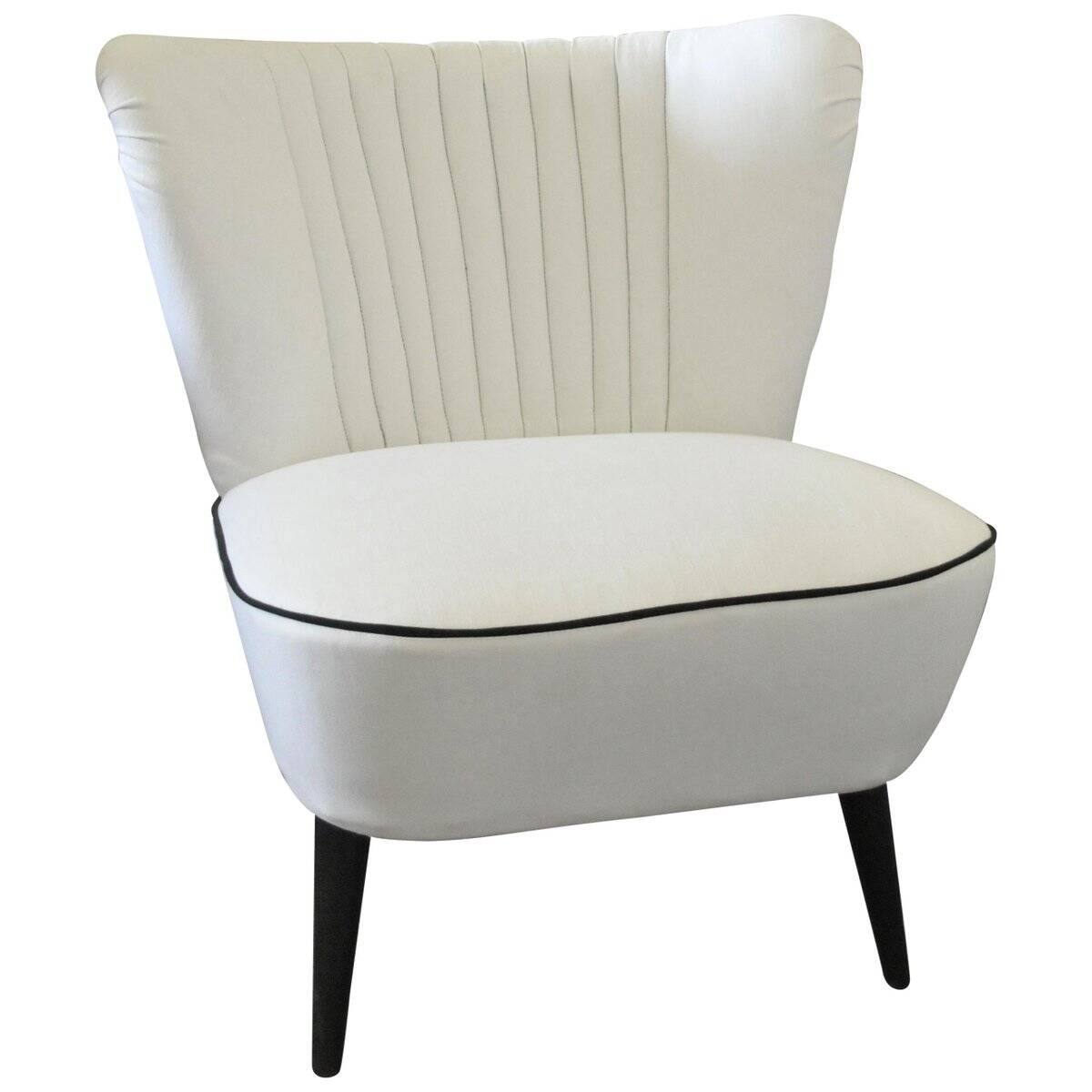 Vintage white cocktail chair in fabric and wood, shell backrest from the 1950s.