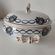 Antique Saint-Amandinoise tureen, blue and ochre decoration 6523, 1900-1920