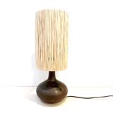 Vintage designer lamp base in brown pyrite stoneware with raffia lampshade, 1970s