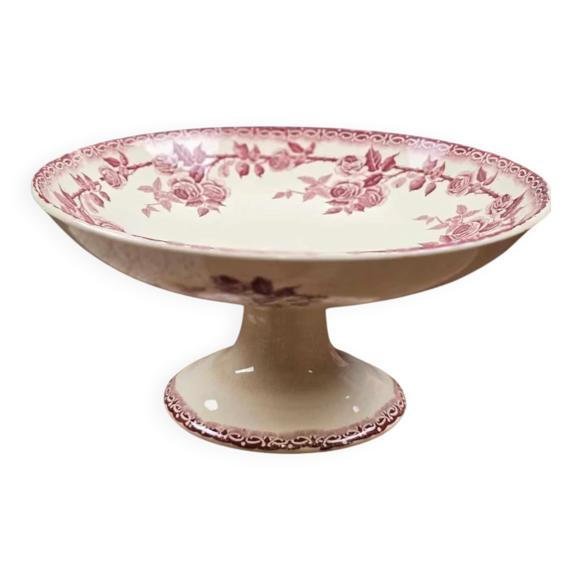Compotier ancien H.B. & Cie en terre de fer – Roses bordeaux