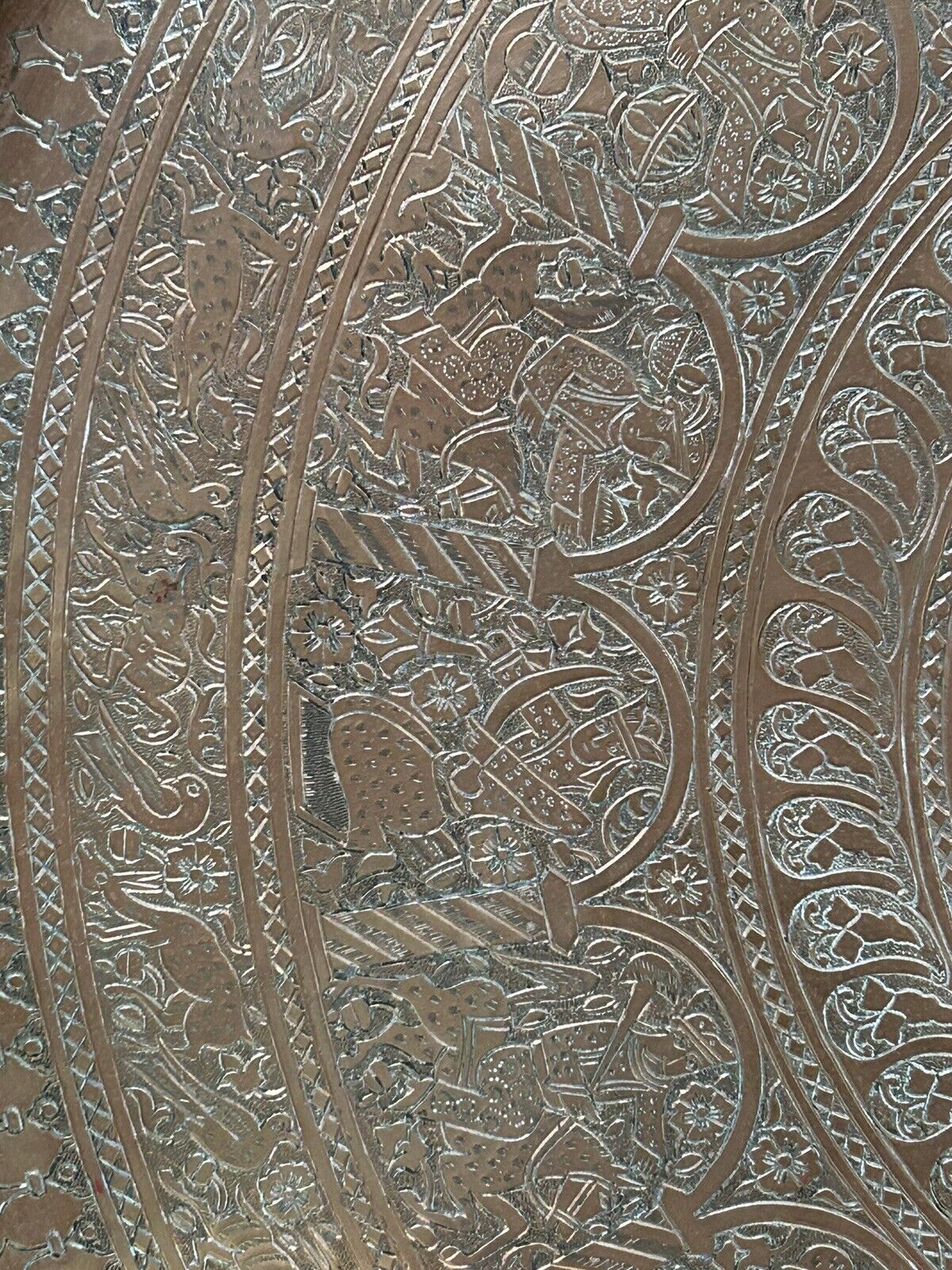 Large ancient copper tray, engraved Persia, offering scenes, vintage ethnic