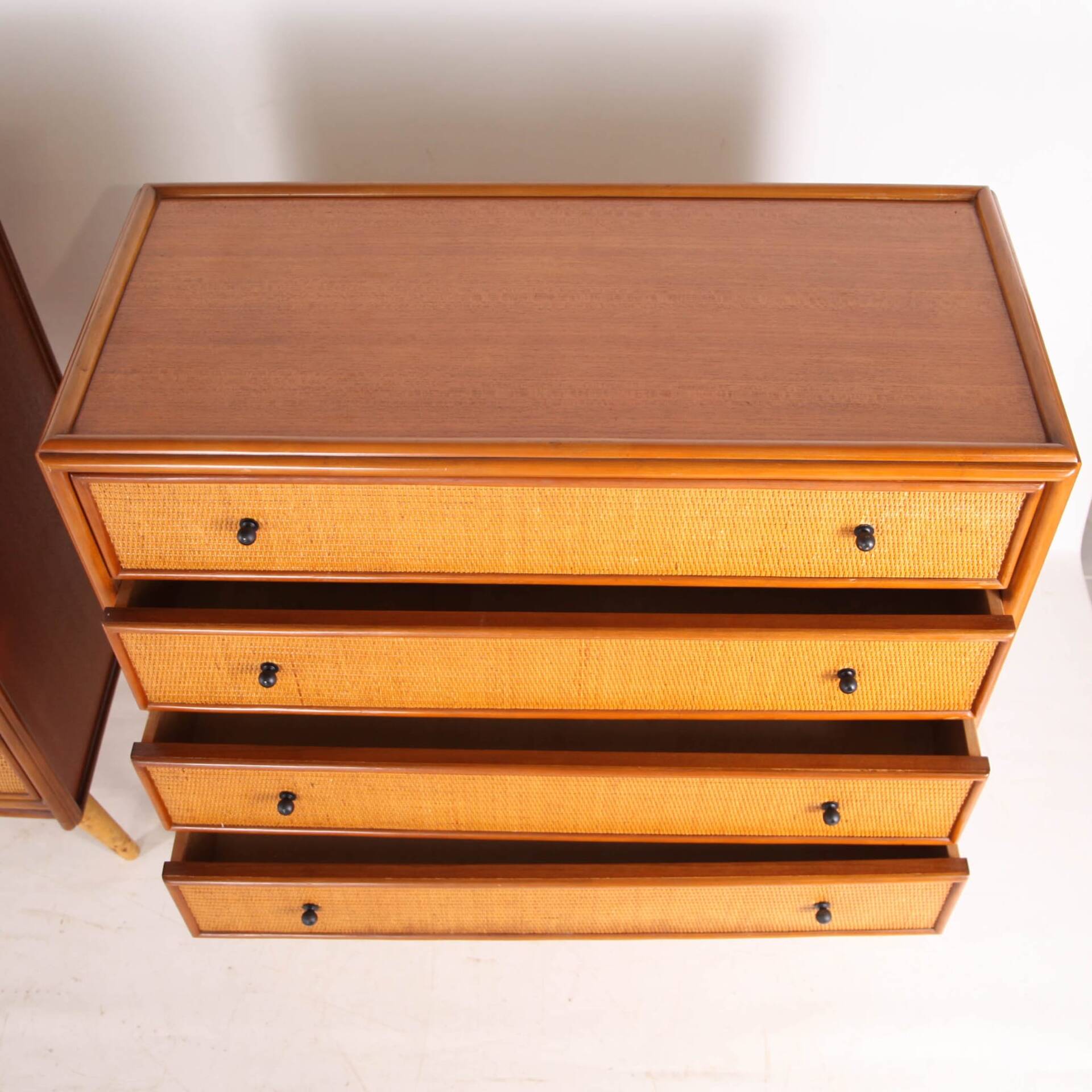 Pair of rattan and wood bedside tables