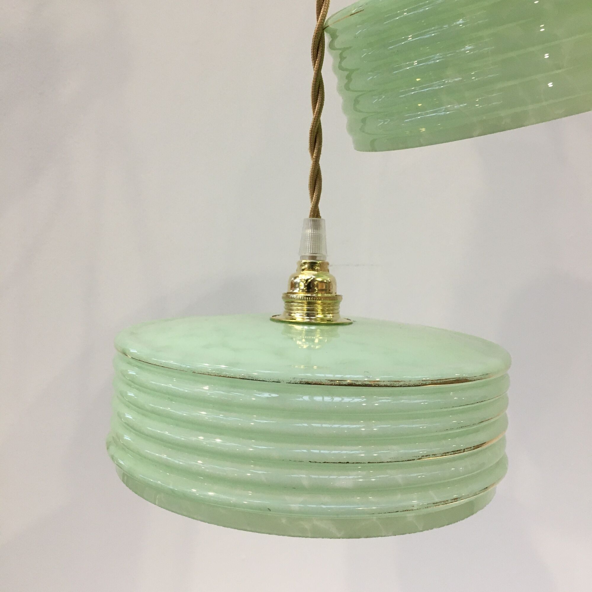 Pair of Art Deco pendant lamps in green Clichy glass