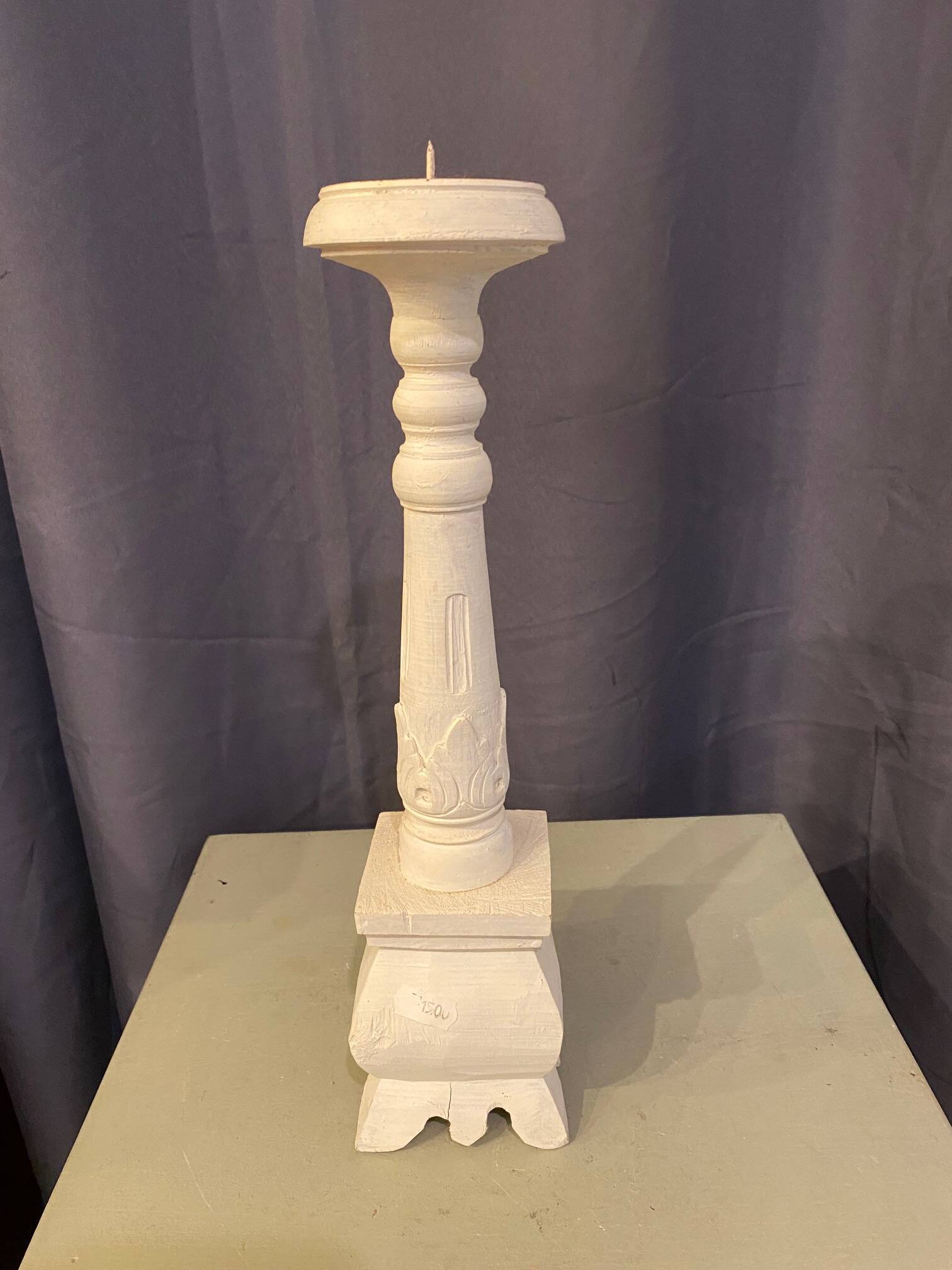 Large table candle holder candlestick in white patina wood for round candle