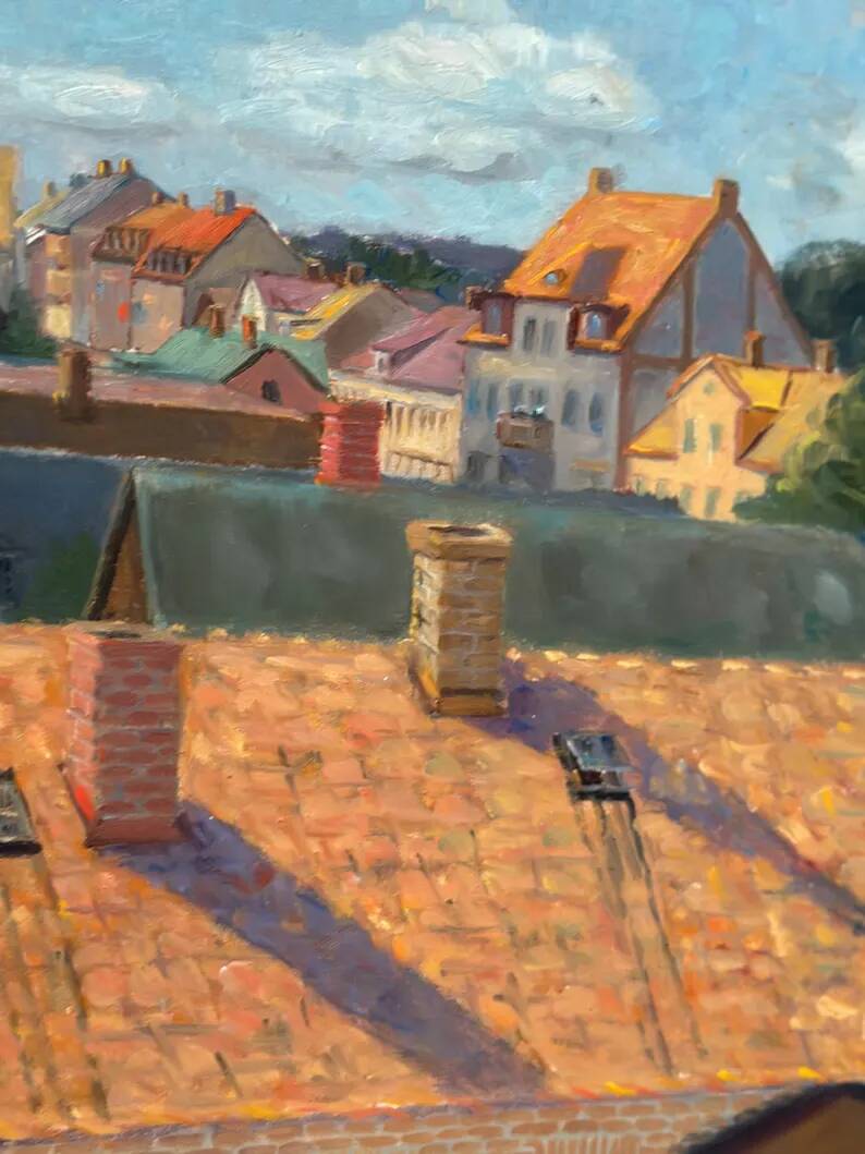 Large Original Swedish Oil on Panel – "Urban Landscape" by Wilhelm Matton – Signed – Dated 1947 – Framed – 83 × 73 cm (32.7 in × 28.7 in)