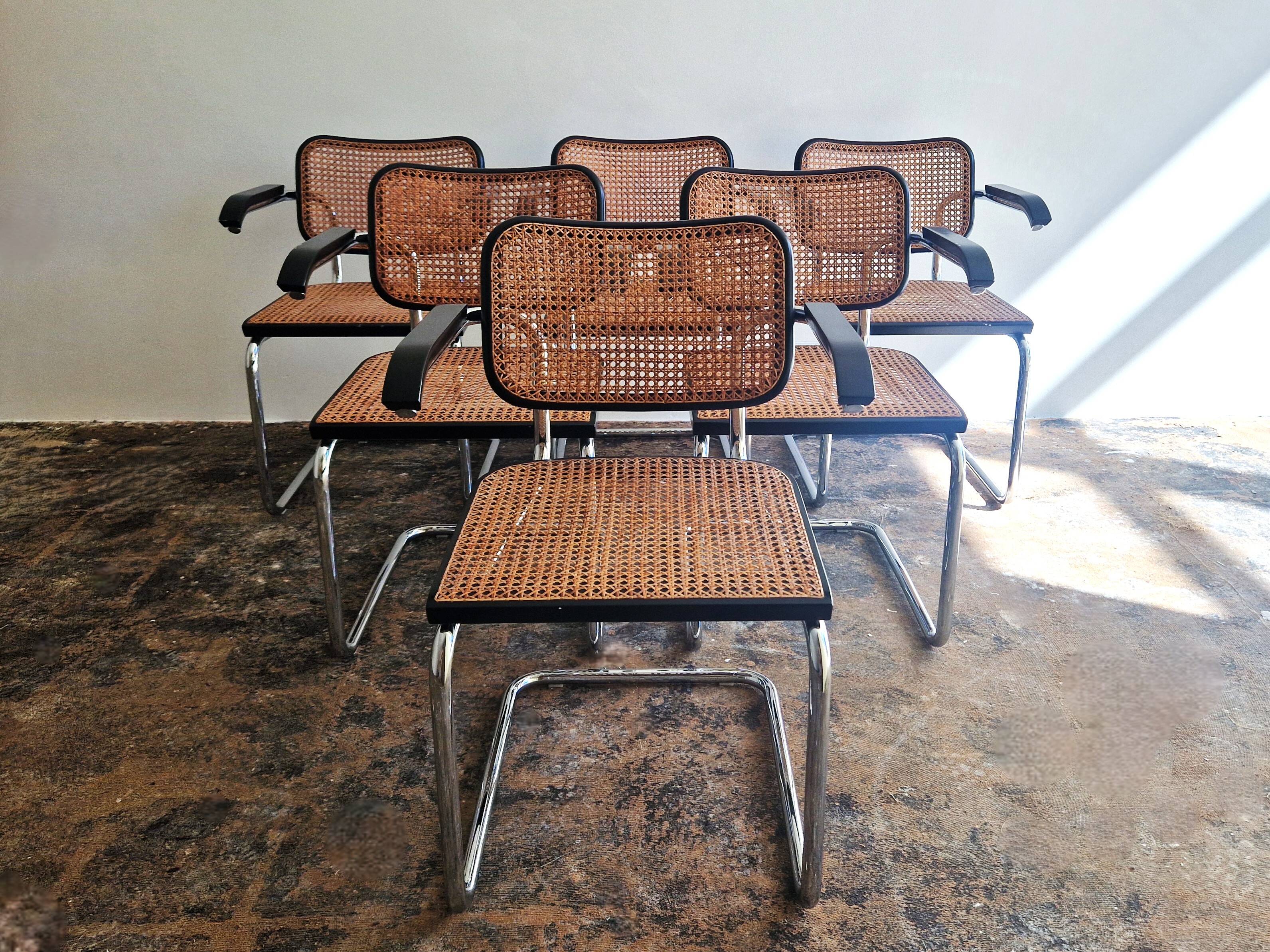 Set of 6 'Cesca' Chairs with armrests by Marcel Breuer produced by KnollStudio