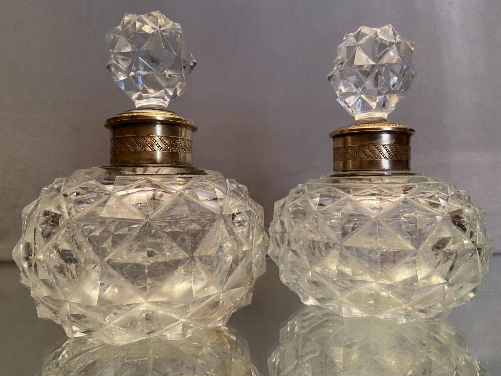Pair of bottles nineteenth crystal Baccarat decoration diamond points bronze guilloché