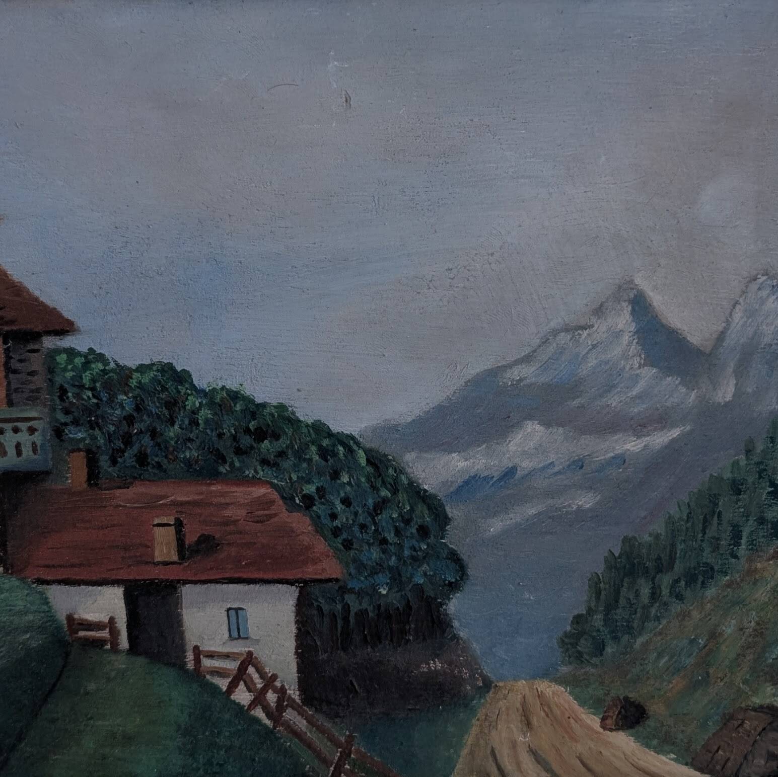 Tableau ancien d'un chalet à la montagne