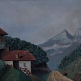 Old painting of a mountain chalet