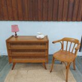 commode pieds compas, osier, vintage