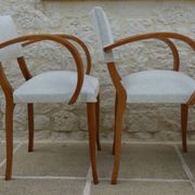 Fauteuils bridges chic année 50 en bois massif   blanc beige cousus main