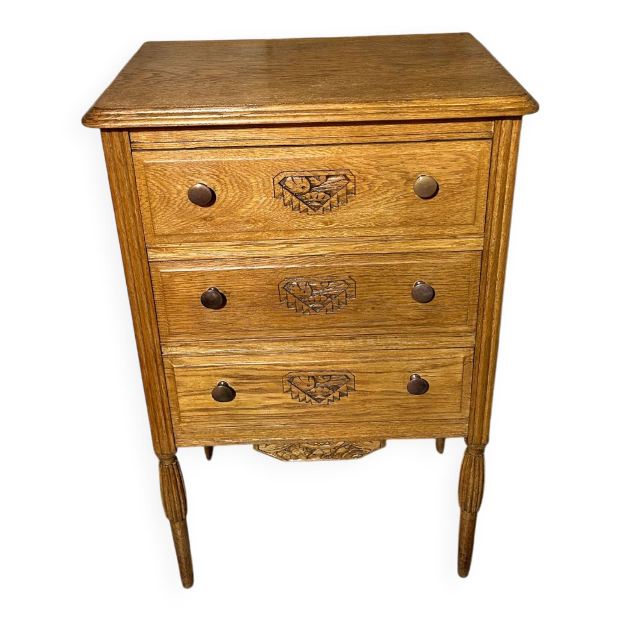 Small Art Deco chest of drawers with 3 drawers in light oak.