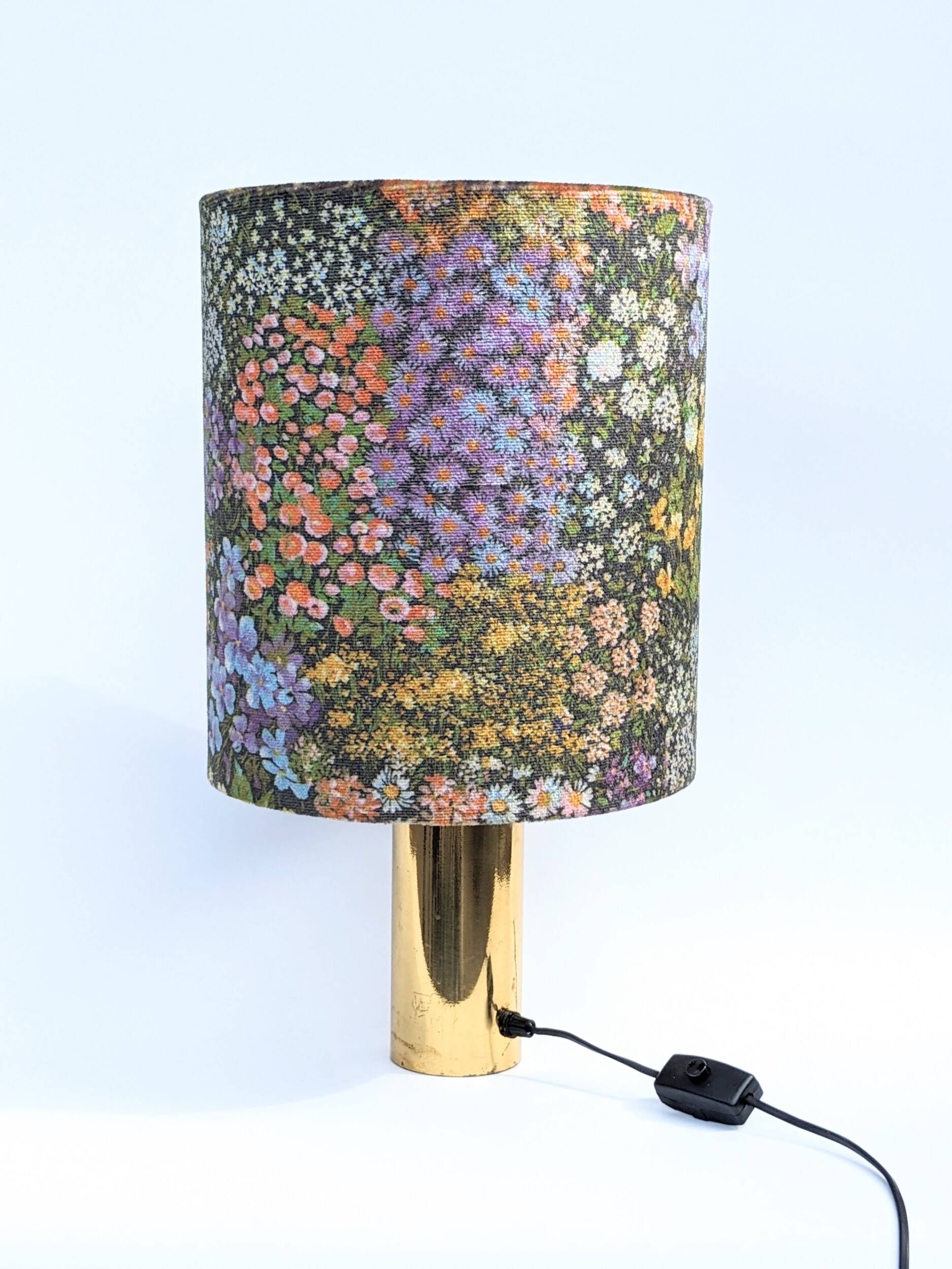 70s brass table lamp with floral velvet shade