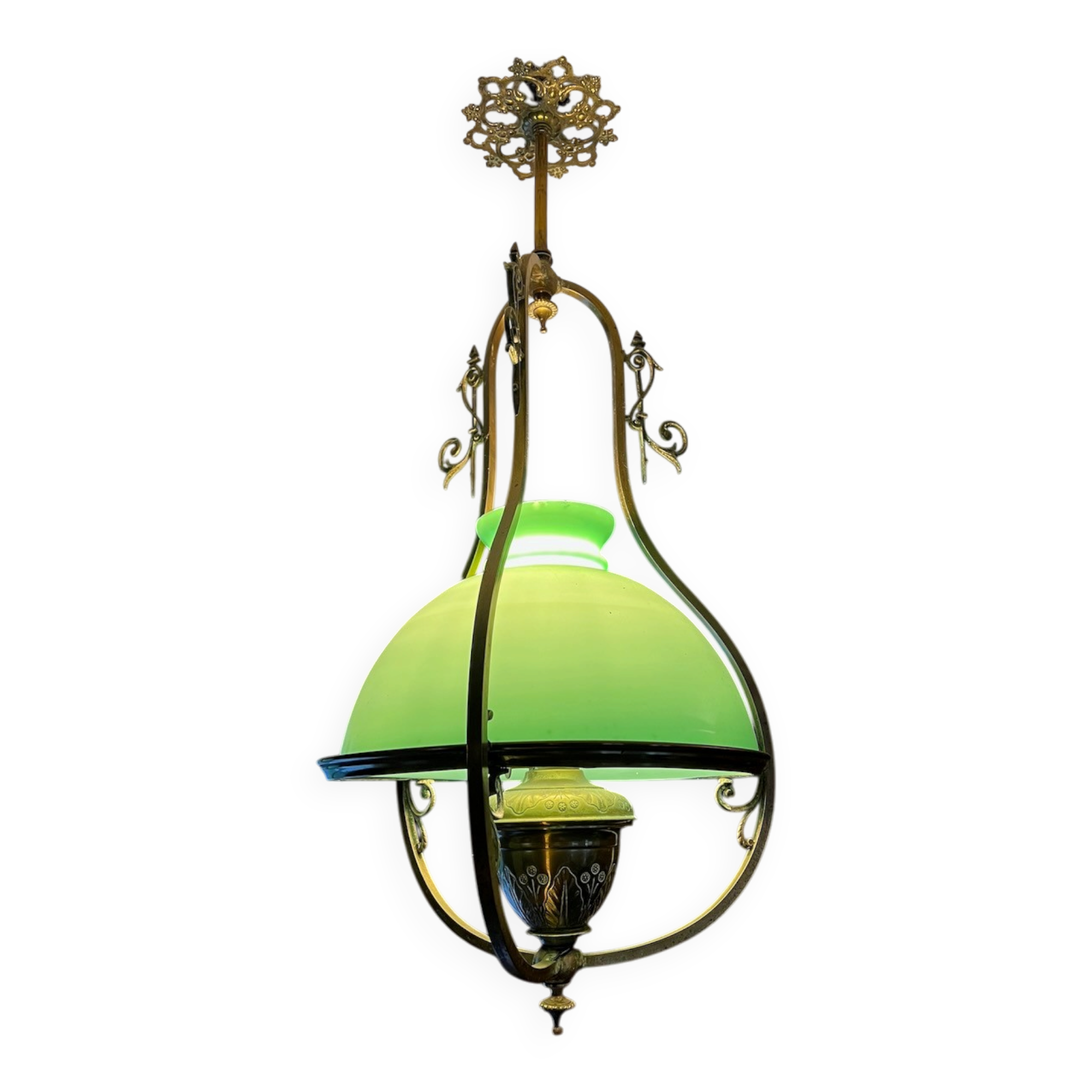 Lustre Suspension Art Nouveau - Green Opaline and Brass - Belle Époque Style