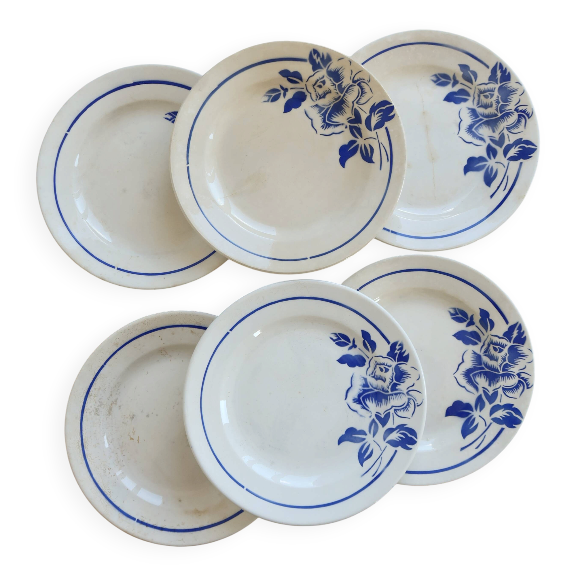6 vintage ironstone dessert plates Digoin Sarreguemines Hubert blue