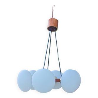 Scandinavian teak and white opaline chandelier with 6 lights from the 70s