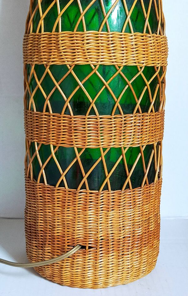 Pied de lampe bouteille XL habillée de rotin années 50