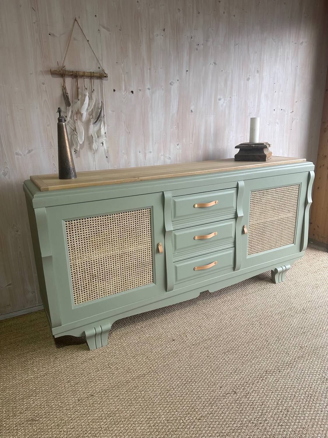 Renovated antique sideboard - blue-green, cane work and oak top