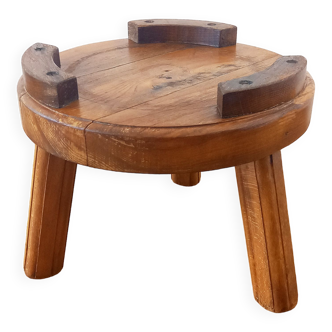 Old small tripod coffee table Vintage Solid wood Brutalist Unique piece