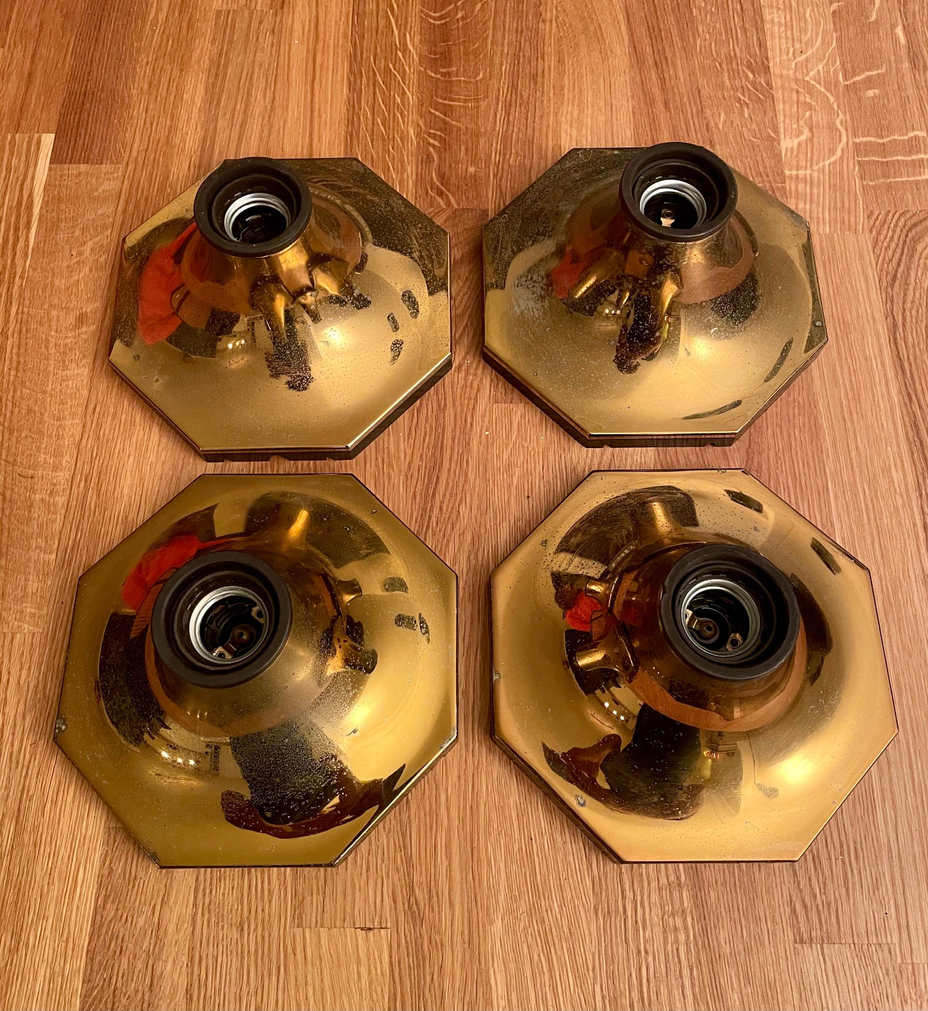 Suite of 4 vintage brass wall lamps, ceiling lights, by Motoko Ishii for Staff Leuchten 1970