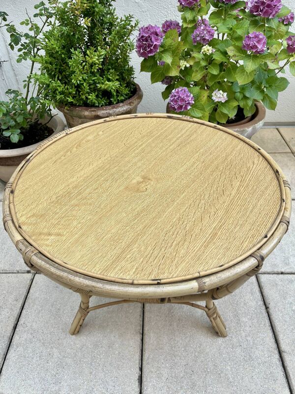 Table basse ronde rotin années 60