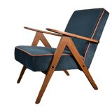 Chaise compas restaurée, tissu jaune canari, fil orange, teck, 1960