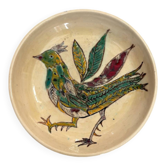 Vallauris earthenware plate with enamel bird decorations from the 1960s