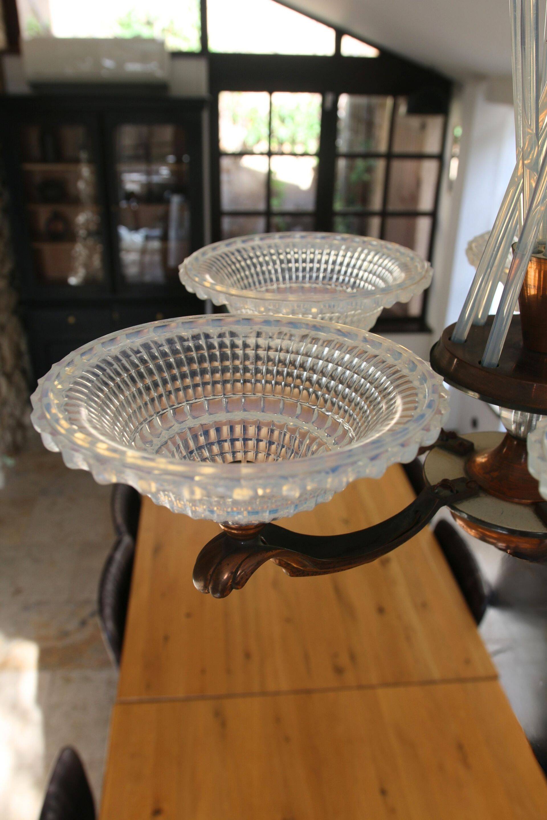 Art Deco lustre, opalescent glass, Ezan & Petitot, signed.