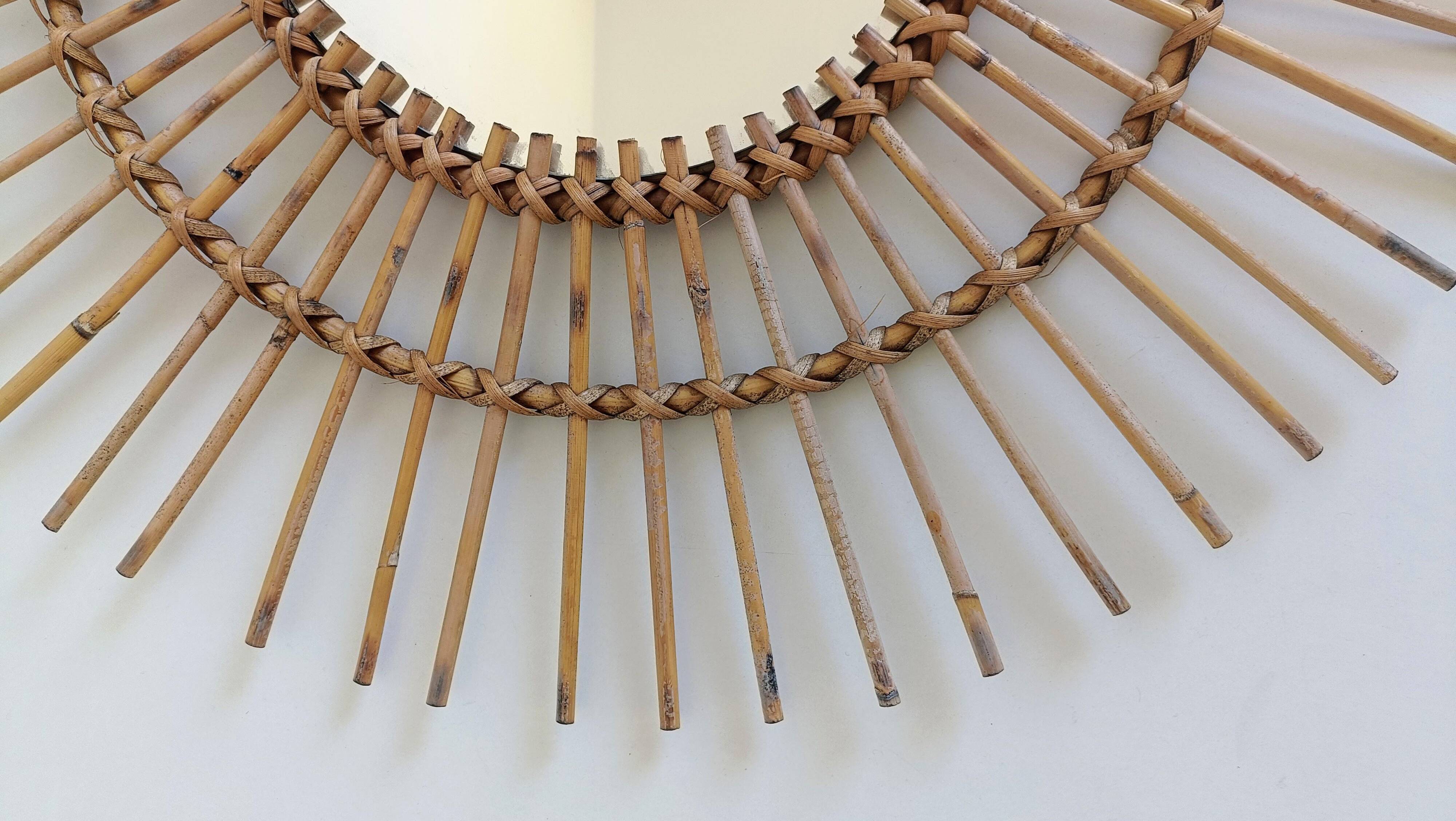 Mid Century Organic Modern Bamboo & Rattan Sunburst Patinated Mirror, 1960s